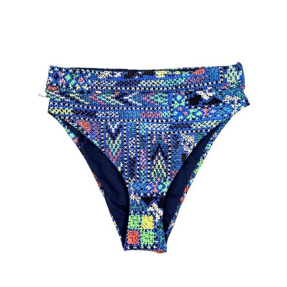NWT Maaji Reversible High Rise/High Leg Bikini Bottom Blue Geometric Print S - Picture 1 of 7